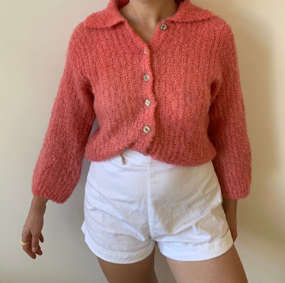 1950s Hedy Strawberry Pink Knit Sweater with Colla