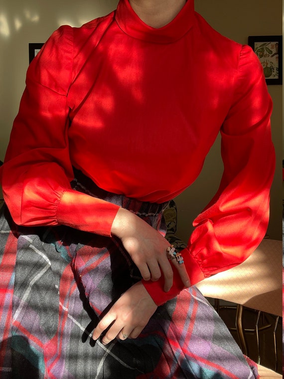 1960s Red Cotton Rolled Collar Blouse with Bishop