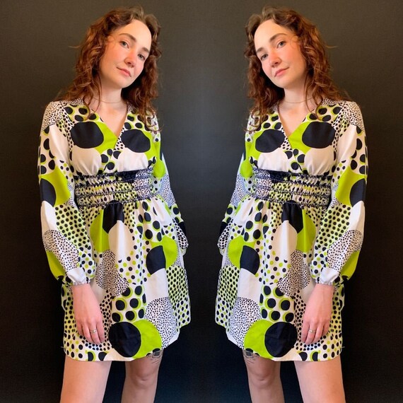1960s Lime Green and Black Polka Dot Mini Dress wi