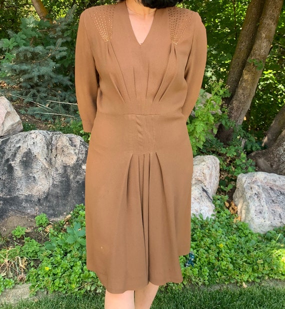 1940s Cinnamon Crepe Dress with Bronze Heart Studs