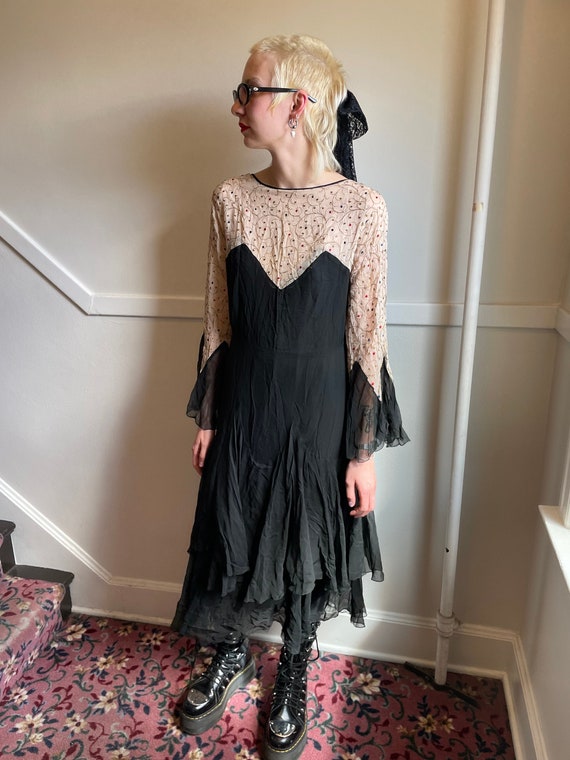 1920s Black Silk Chiffon Drop Waist Dress With Embroidered Confetti Print Top Size Small Etsy