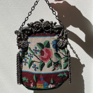 Antique Glass Beaded Purse with Flowers and Country House Scene and Ornate Metal Handle