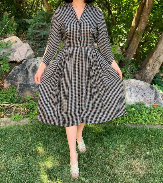 1950s Plaid Shirtdress with Dolman Sleeve size Med
