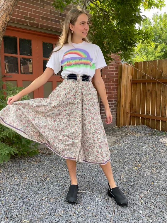 1970s Gunne Sax Floral Calico Prairie Skirt With Velvet Waistband