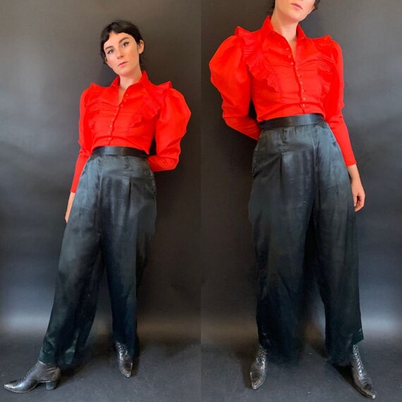 1930s Black Wide Leg Satin Trousers size Small Med