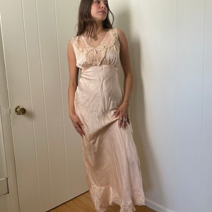1940s Satin Pink Bias Cut Slip Dress with Ribbons and Lace size X-Small Small