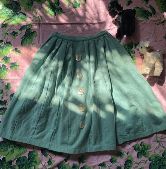 1940s Mint Wool Pleated Full Skirt with Pearled B… - image 1