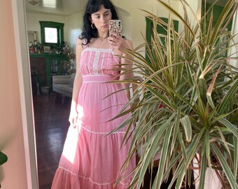 1970s Candi Jones Bubblegum Pink Sheer Cotton Tank Prairie Dress
