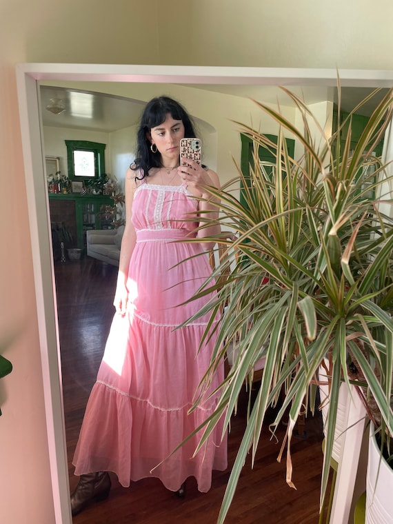 1970s Candi Jones Bubblegum Pink Sheer Cotton Tank Prairie Dress