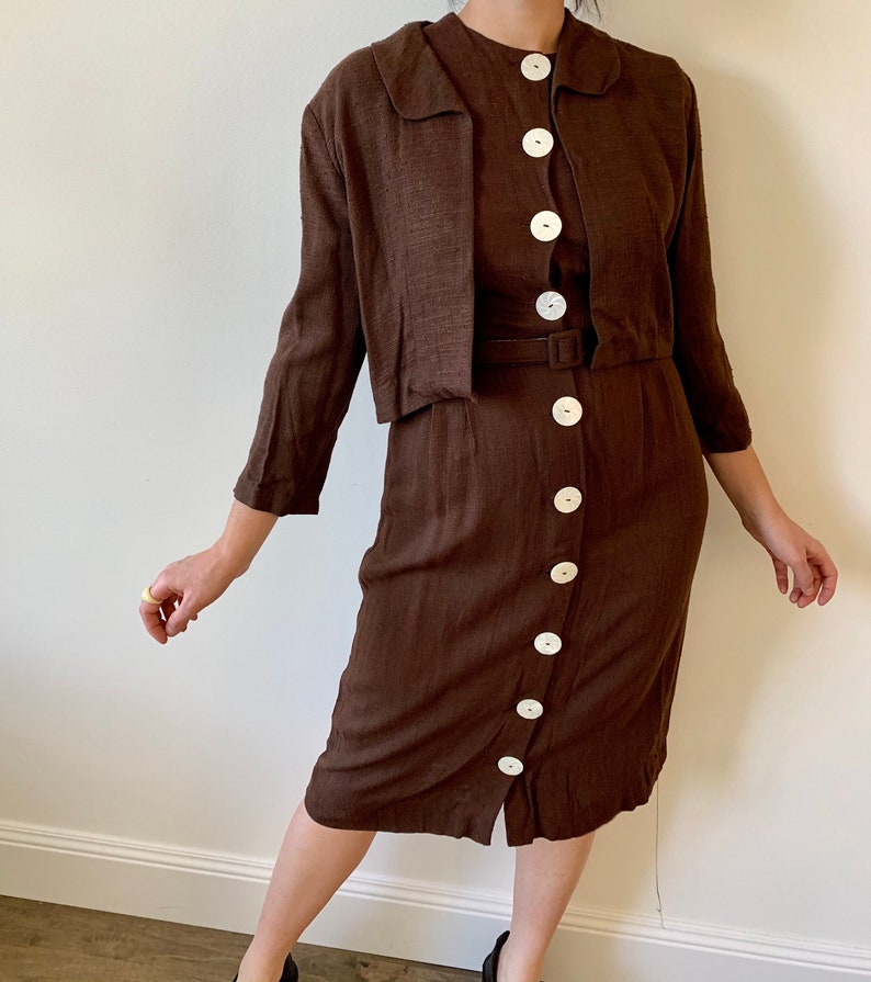 1950s Chocolate Brown Linen Wiggle Shirtdress with Mother of Pearl Carved Buttons and Jacket size Small Medium