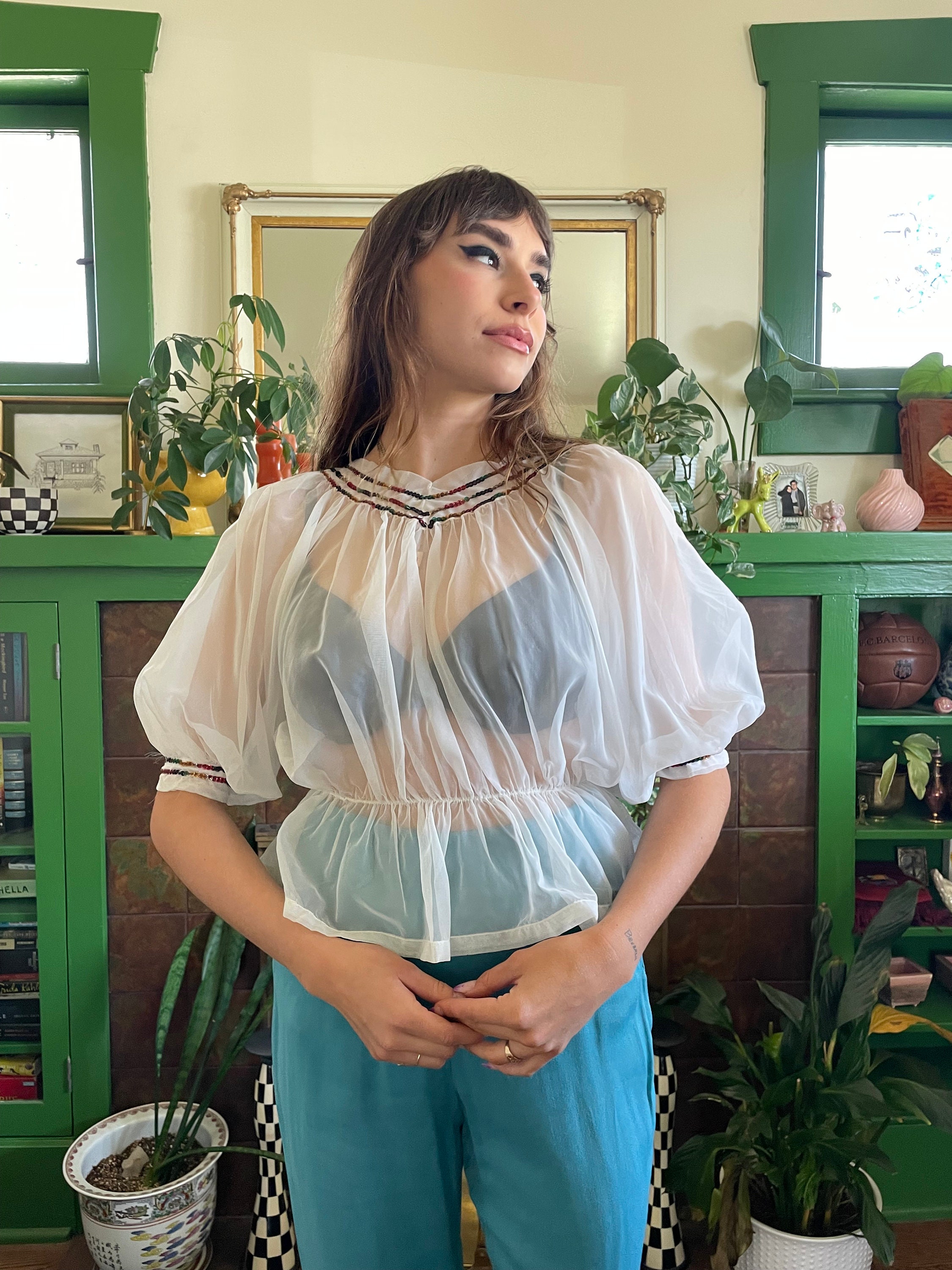 1940s Sheer White Blouse With Rainbow Sequin Trim Size X-small - Etsy
