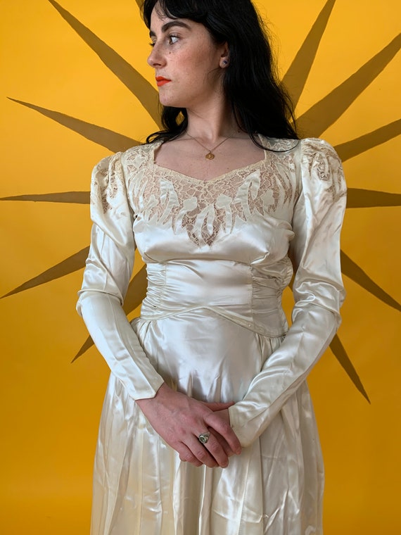1940s Ivory Satin Wedding Gown with Mutton Sleeves