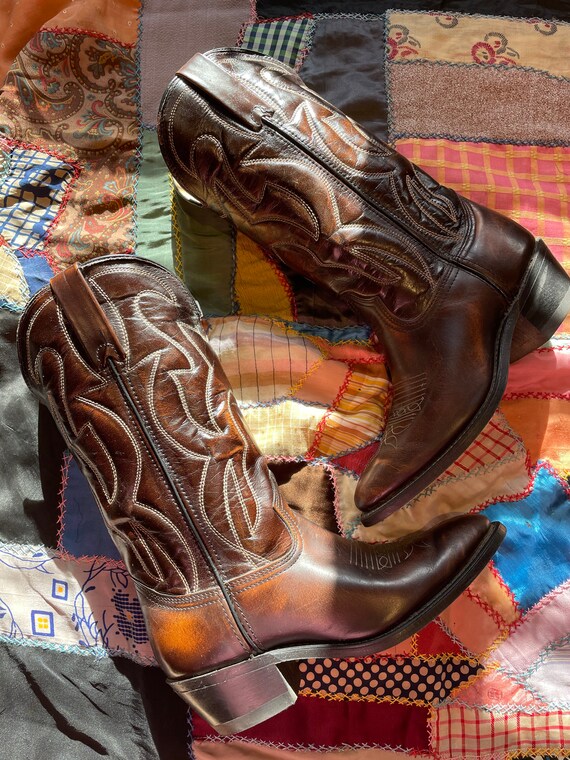 1970s Durango Chocolate Brown Shiny Leather Cowboy