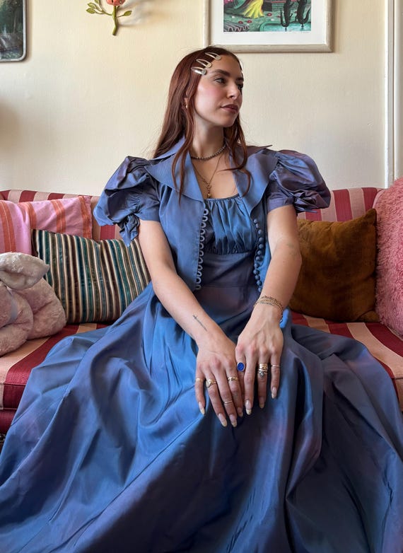 blue gathered dress 1940s Bust Gown with Jacket (XS-S) – Ombre Sun Fading from shoulder to hem