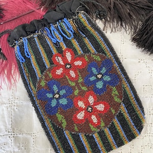 Antique Striped Glass Beaded Coin Purse Pouch