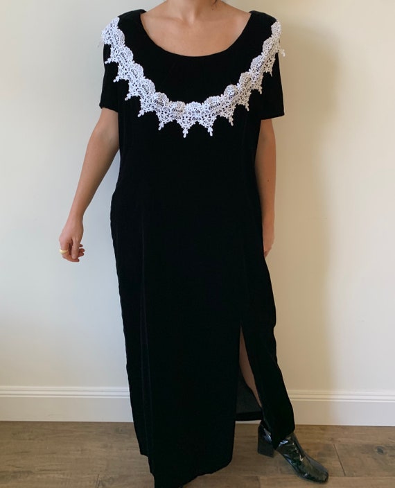 1990s Black Velvet Maxi Dress with White Crochet L