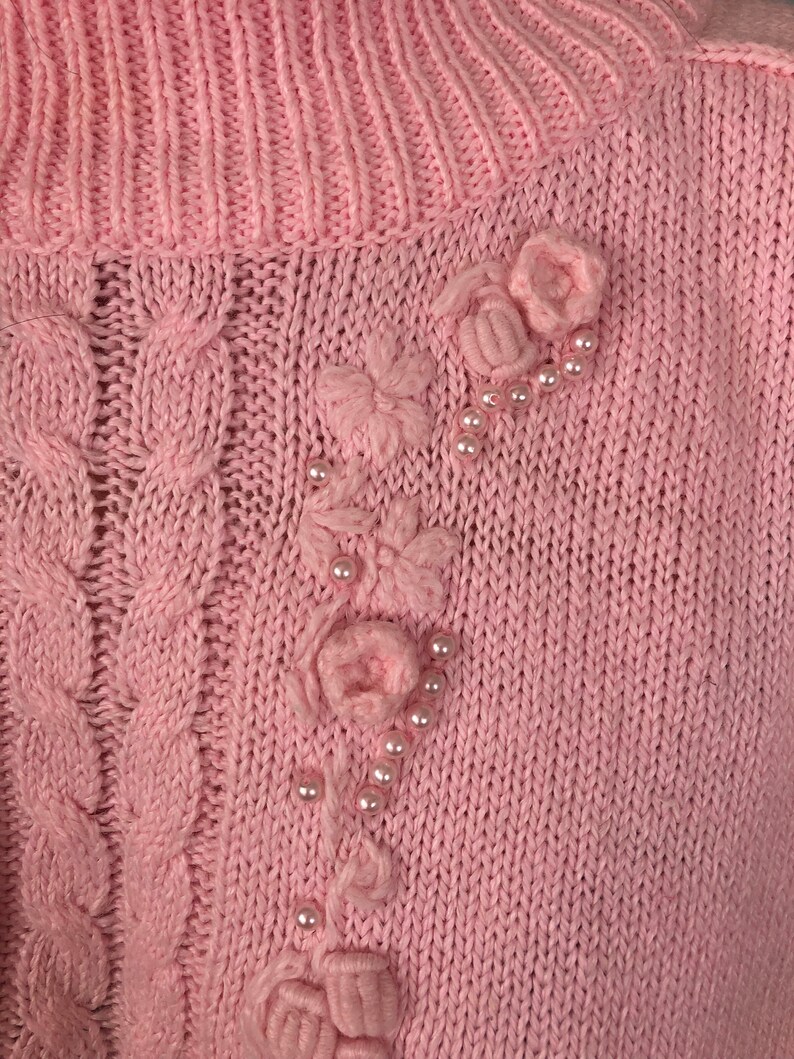 1980s Baby Pink and Rosette High Neck Sweater