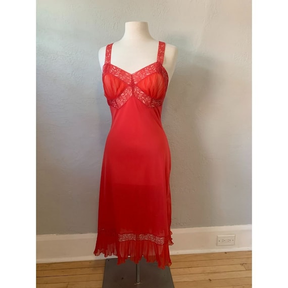 Late 1940s Kayser Red Nylon and Lace Slip Nightgow