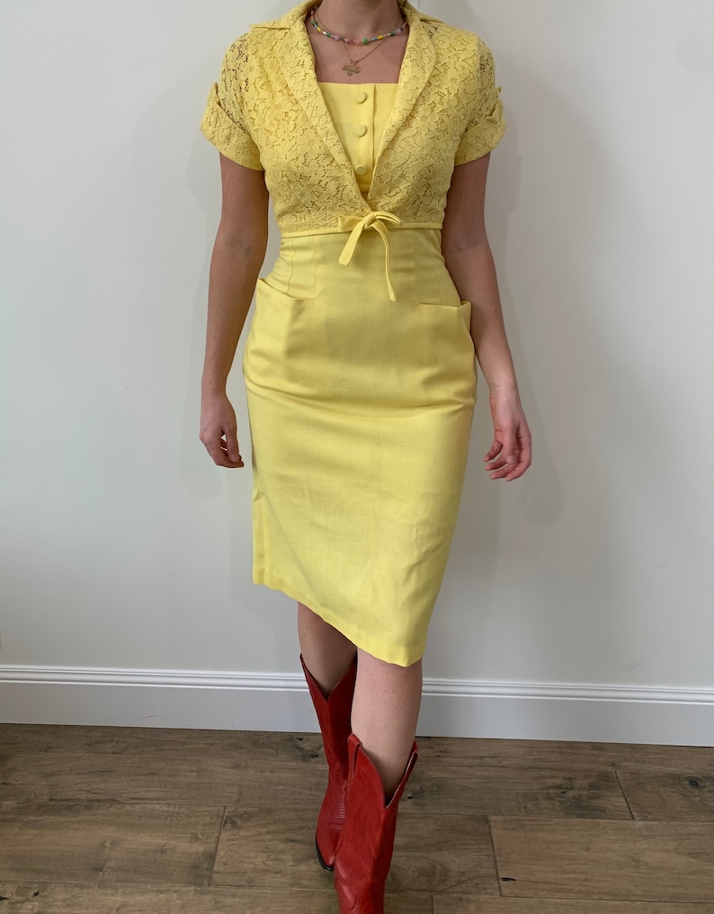 1960s Banana Yellow Linen Wiggle Dress with Matching Cropped Lace Bolero size Small Medium