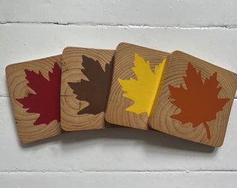 Rustic Hand Painted White Pine Maple Leaf Coasters - Free Shipping