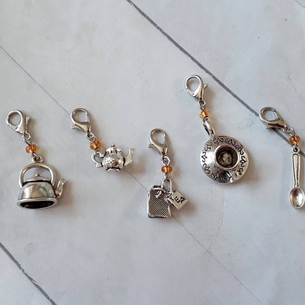 Tea Time themed 5-Piece Progress Keepers set for Crocheters, Removable Stitch Marker, Zipper Pull, Bag Charms, Knit Crochet Accessory