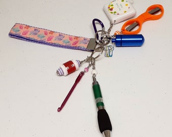 Pastel Leaves Wristlet -Fully Loaded -Crochet Accessory  -For Knitters -Key Ring -Key Chain -Notions