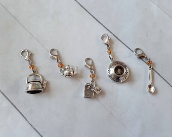 Tea Time themed 5-Piece Progress Keepers set for Crocheters, Removable Stitch Marker, Zipper Pull, Bag Charms, Knit Crochet Accessory