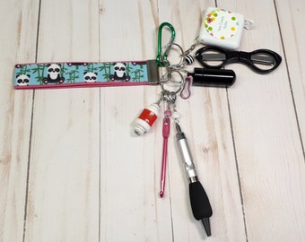 Panda Bear Wristlet -Fully Loaded -Crochet Accessory  -For Knitters -Key Ring -Key Chain -Notions