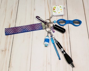Purple Knitting Motif Wristlet -Fully Loaded -Crochet Accessory  -Knitters Tool kit -Key Ring -Key Chain -Notions