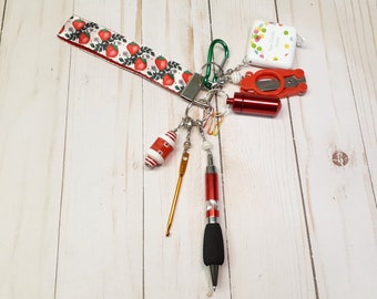 Strawberry Wristlet -Fully Loaded -Crochet Accessory  -For Knitters -Key Ring -Key Chain -Notions