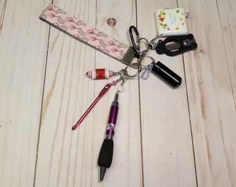 Elephants with Pink Balloons Wristlet -Fully Loaded -Crochet Accessory  -For Knitters -Key Ring -Key Chain -Notions