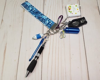 Blue Tie Dye -Fully Loaded -Crochet Accessory  -For Knitters -Key Ring -Key Chain -Notions