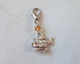 Tiny Teapot with tea cup- Progress Keeper Stitch Marker for Crocheting and Knitting or Bag Charm Zipper Pull