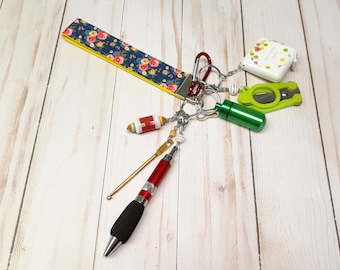 Flowers on Navy Wristlet -Fully Loaded -Crochet Accessory  -For Knitters -Key Ring -Key Chain -Notions