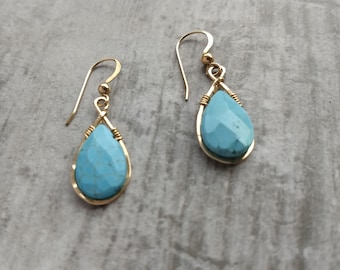 Gold-filled hammered turquoise D drop earrings