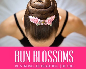 Bun Blossoms CHERRY BLOSSOM 3.5" bun pin - tonos rosados de flores de satén enrolladas - bunwrap, pasador de pelo nupcial, postizo YAGP, patinaje artístico