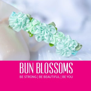 Classic Mint green Bun Blossom with 3 of hand rolled satin flowers for ballet bun pearls / rhinestones included in price image 1