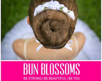 Bun Blossoms classic WHITE hand sewn ballet bun-wrap 3 or 6"; your choice of rhinestones or pearls, made from satin flowers, pin or tie in