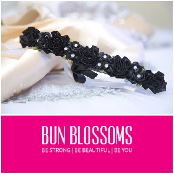 Bun Blossoms classic black hand sewn ballet bun-wrap 3 or 6" w your choice of rhinestones or pearls, made from satin flowers, pin or tie in