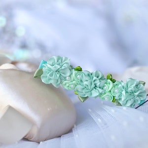 Classic Mint green Bun Blossom with 3 of hand rolled satin flowers for ballet bun pearls / rhinestones included in price image 4