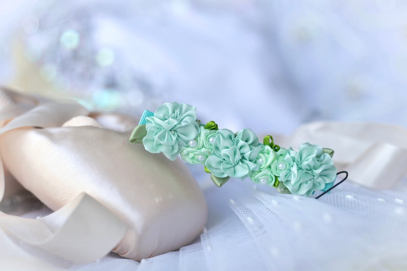 Classic Mint green Bun Blossom with 3 of hand rolled satin flowers for ballet bun pearls / rhinestones included in price image 4