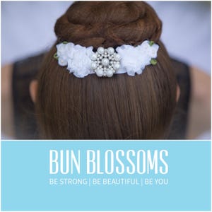 Bun Blossoms Odette White ballet Bun Pin, a satin hand rolled bunwrap 3.5 4 long. Hand sewn pearls included, washable & made to last image 10