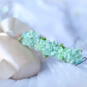 Classic Mint green Bun Blossom with 3 of hand rolled satin flowers for ballet bun pearls / rhinestones included in price image 3