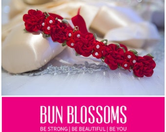 Bun Blossoms Classic RED hand sewn satin flower ballet bun-wrap 3" or 6";  rhinestones or pearls included, pin or tie in (NEVER hot glue