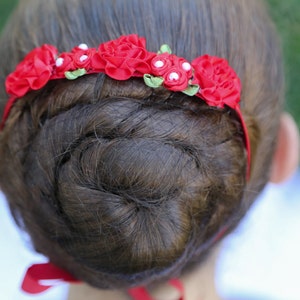 Bun Blossoms Classic ROUGE, cousu main, ballet de fleurs en satin 3 ou 6 strass ou perles inclus, épinglez ou nouez JAMAIS de colle chaude image 8