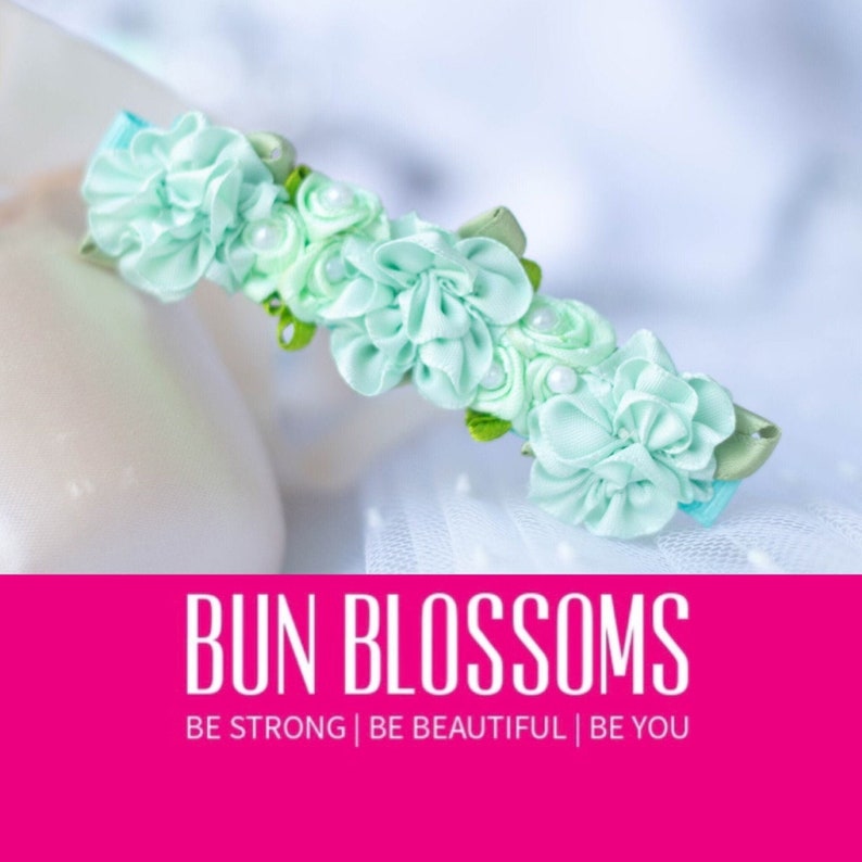 Classic Mint green Bun Blossom with 3 of hand rolled satin flowers for ballet bun pearls / rhinestones included in price image 1
