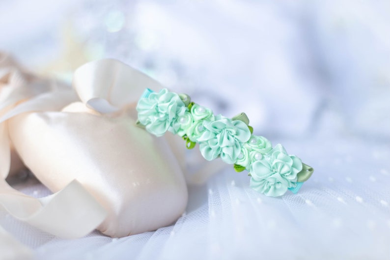 Classic Mint green Bun Blossom with 3 of hand rolled satin flowers for ballet bun pearls / rhinestones included in price image 2