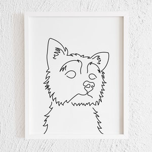 Yorkie Face One line Drawing Print. Decorazione murale moderna in bianco e nero con scarabocchio dello Yorkshire. Illustrazione artistica minimalista del volto del cane