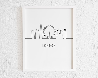 Impresión de dibujo del horizonte de Londres. Dibujo minimalista de una línea con vistas a la ciudad. Impresión artística moderna de estilo británico.