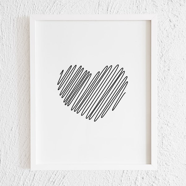 Heart Scribble Line Art Print. Minimalist  Heart Doodle Wall Decor. Printable Modern Valentine's Art. Scandinavian Love Poster Sign Artwork